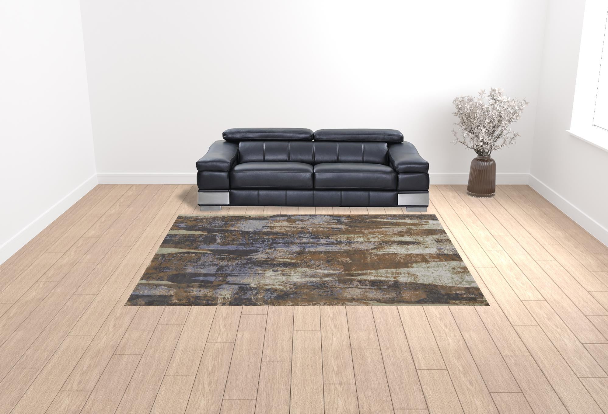 Blue Gray And Tan Abstract Power Loom Distressed Area Rug - 4' x 6'