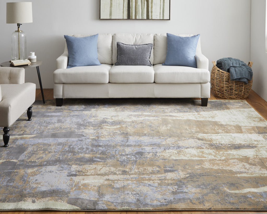 Blue Gray And Tan Abstract Power Loom Distressed Area Rug - 4' x 6'