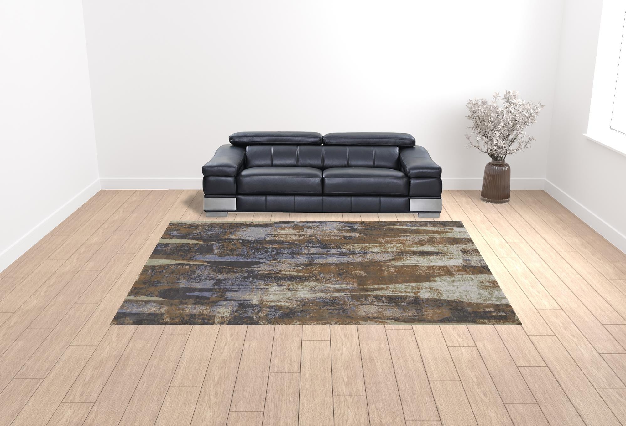 Blue Gray And Tan Abstract Power Loom Distressed Area Rug - 4' x 6'