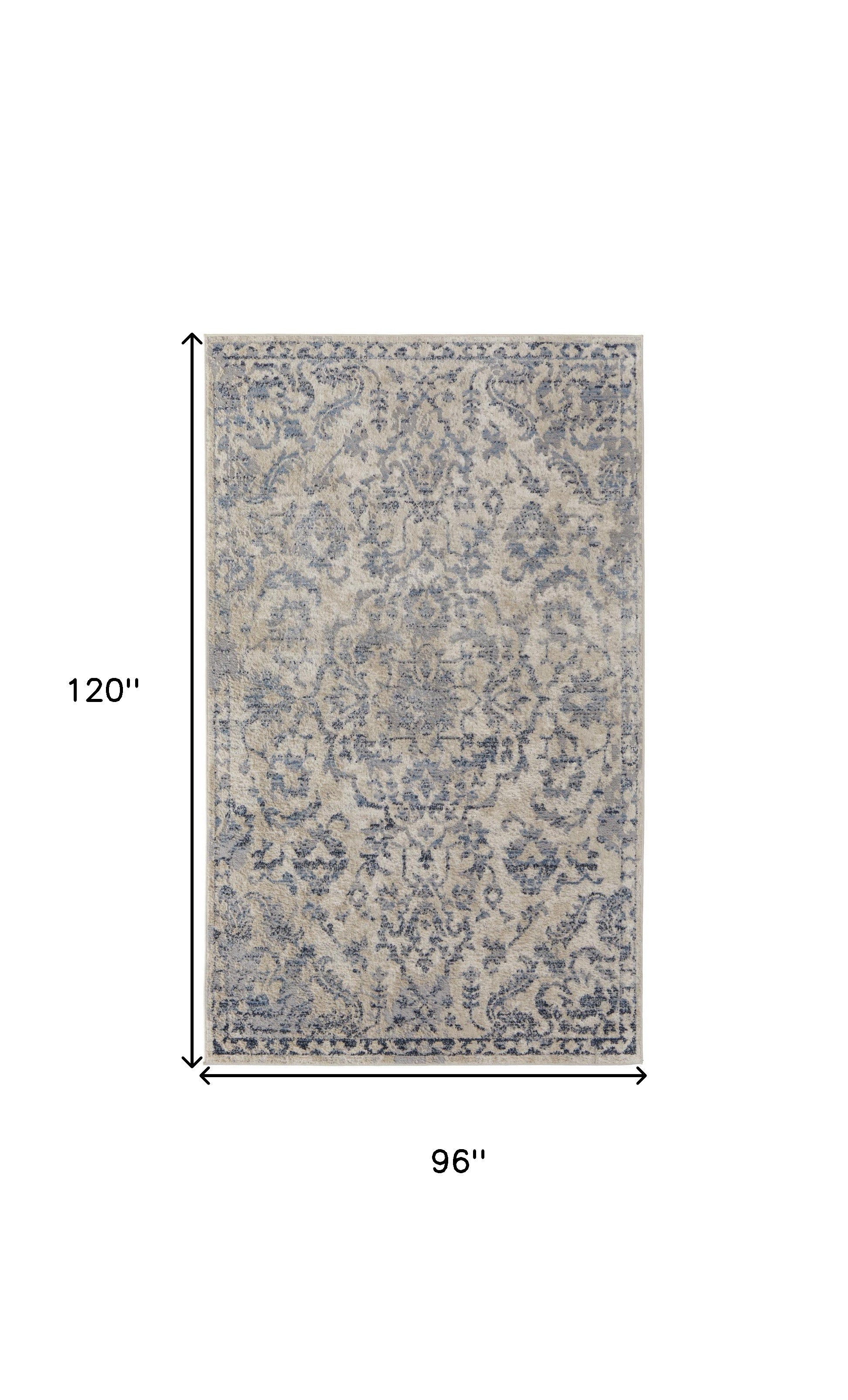 4' X 6' Blue Gray And Ivory Floral Power Loom Distressed Area Rug