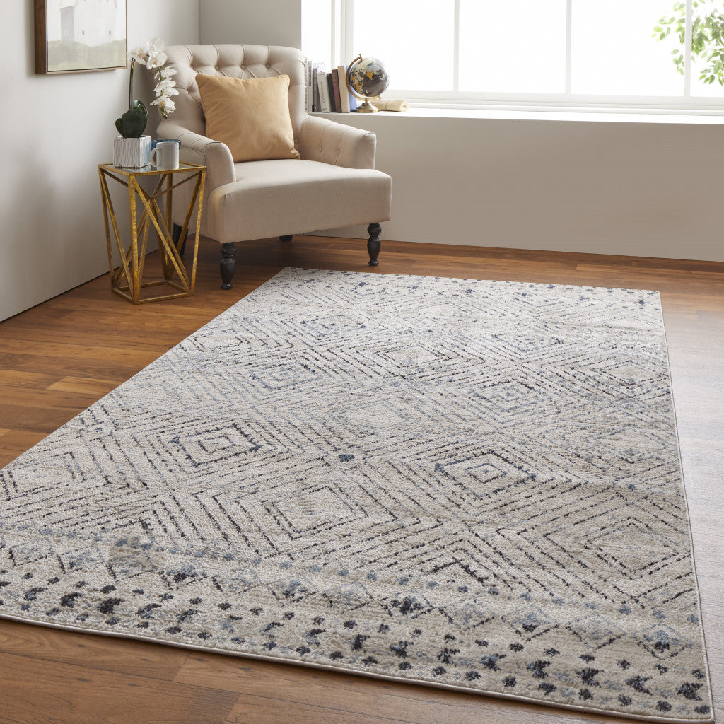 4' X 6' Ivory Blue And Gray Geometric Power Loom Distressed Area Rug