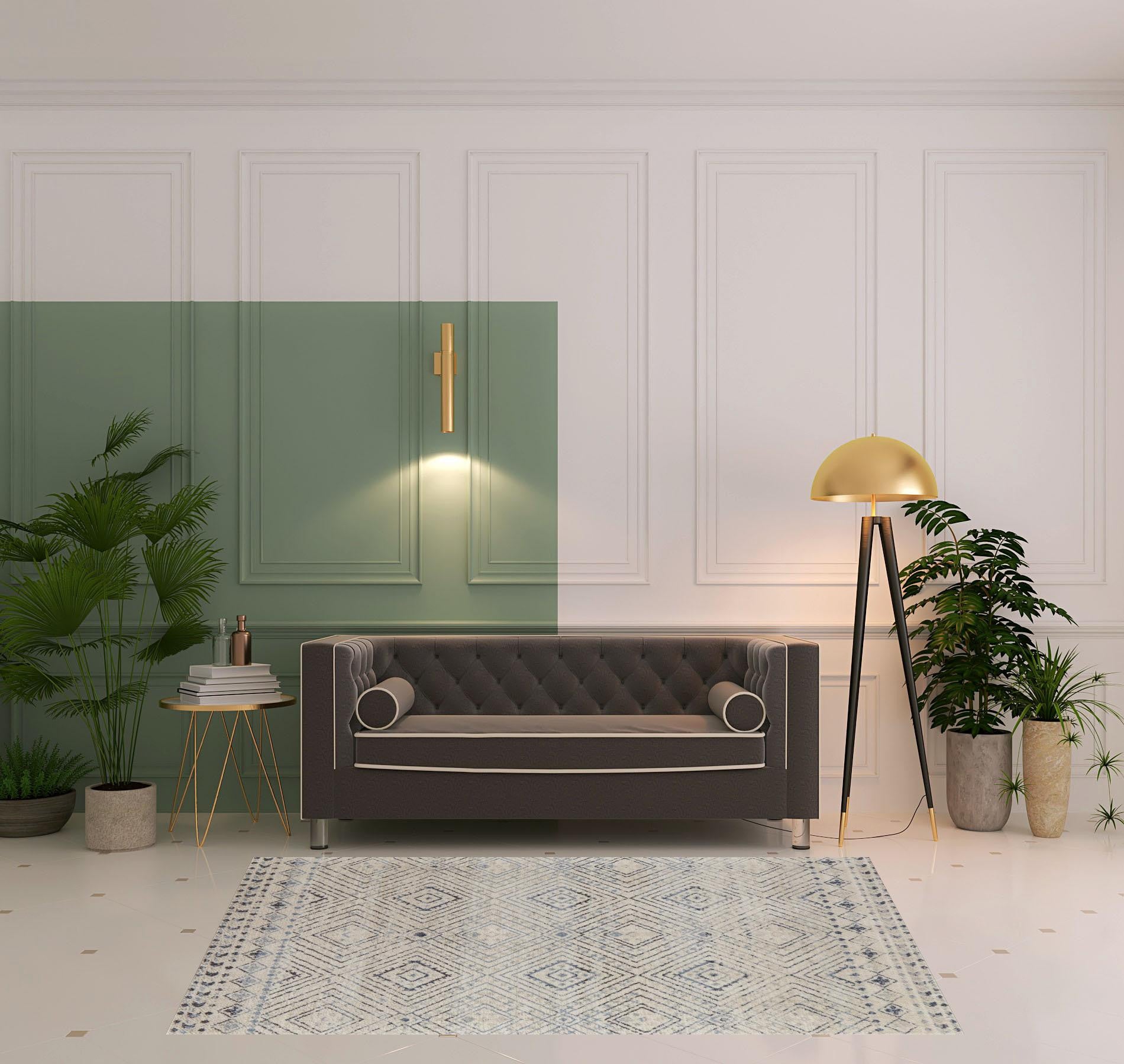 4' X 6' Ivory Blue And Gray Geometric Power Loom Distressed Area Rug