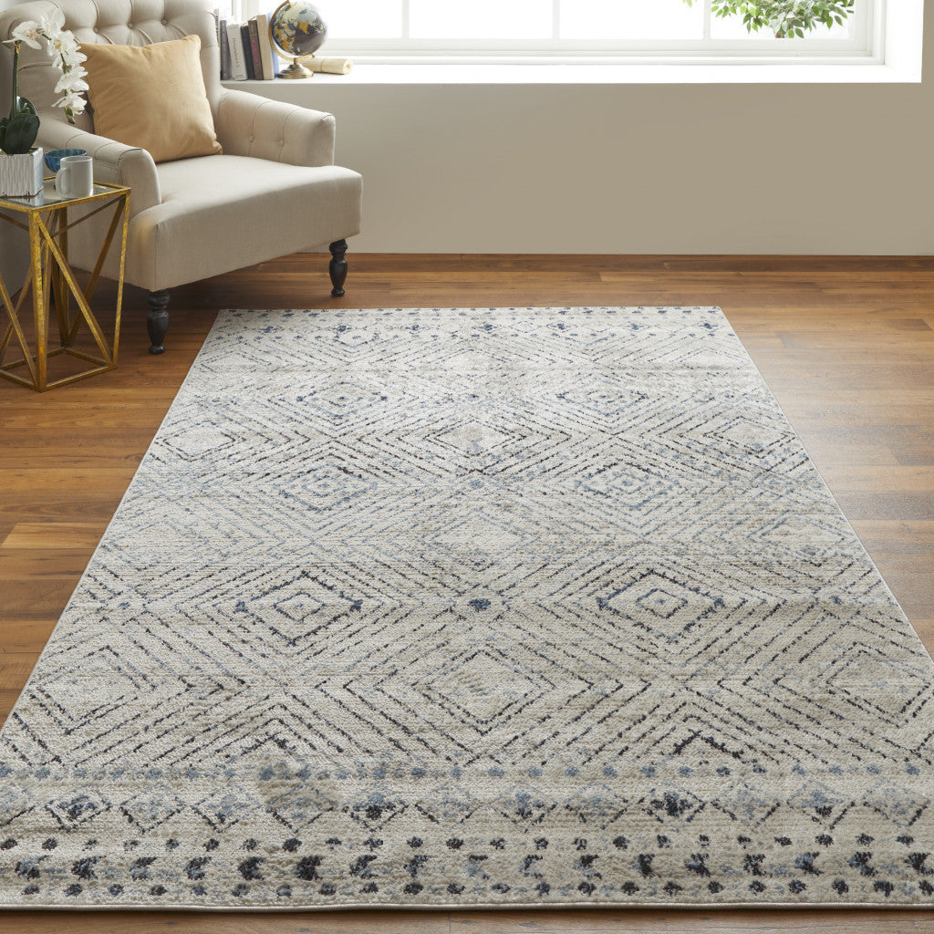 4' X 6' Ivory Blue And Gray Geometric Power Loom Distressed Area Rug