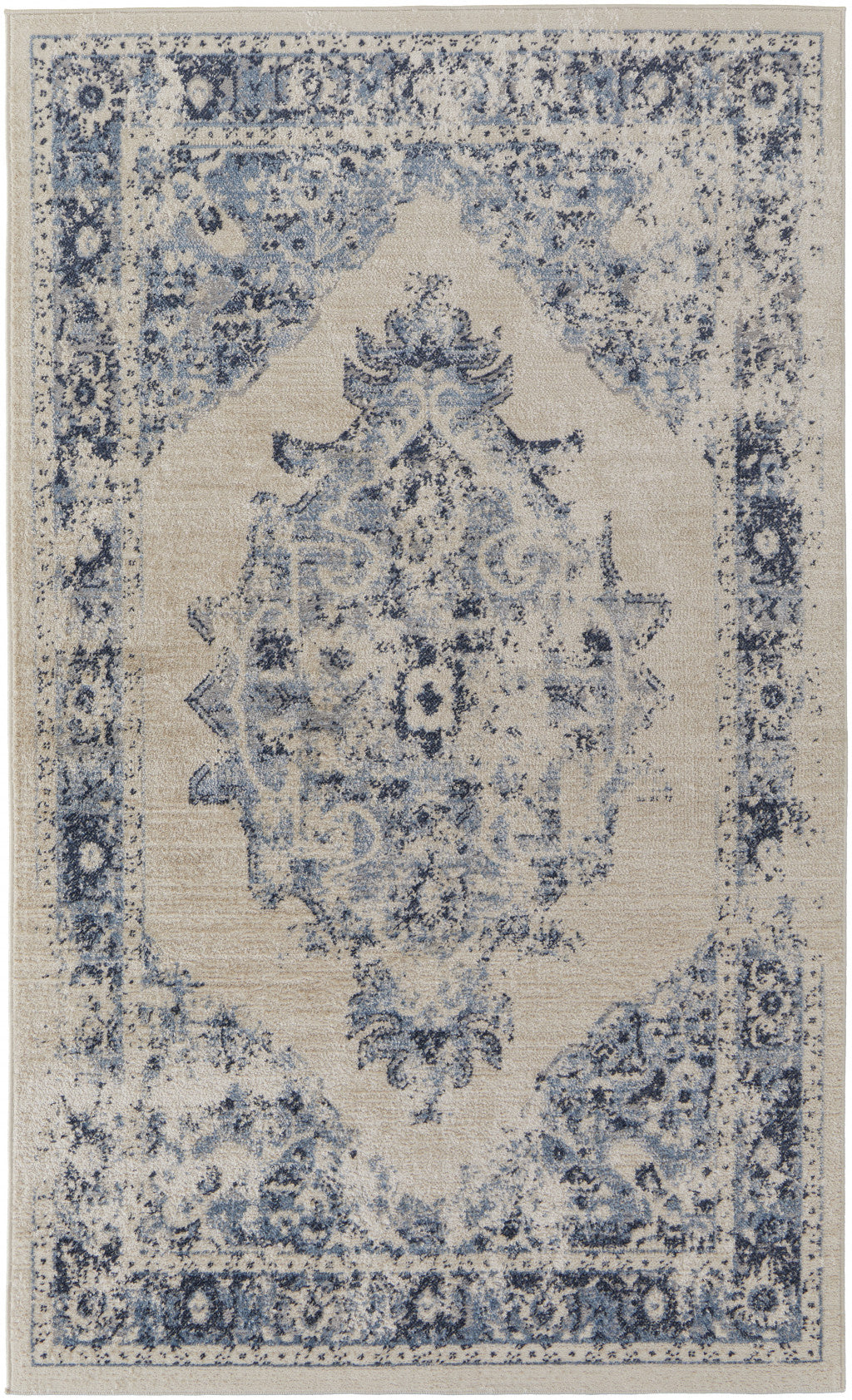 4' X 6' Ivory And Blue Floral Power Loom Distressed Area Rug
