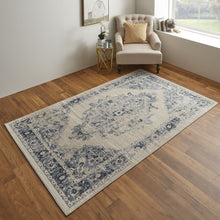 4' X 6' Ivory And Blue Floral Power Loom Distressed Area Rug