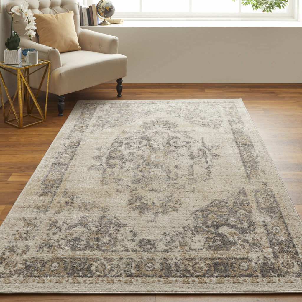 4' X 6' Ivory And Blue Floral Power Loom Distressed Area Rug