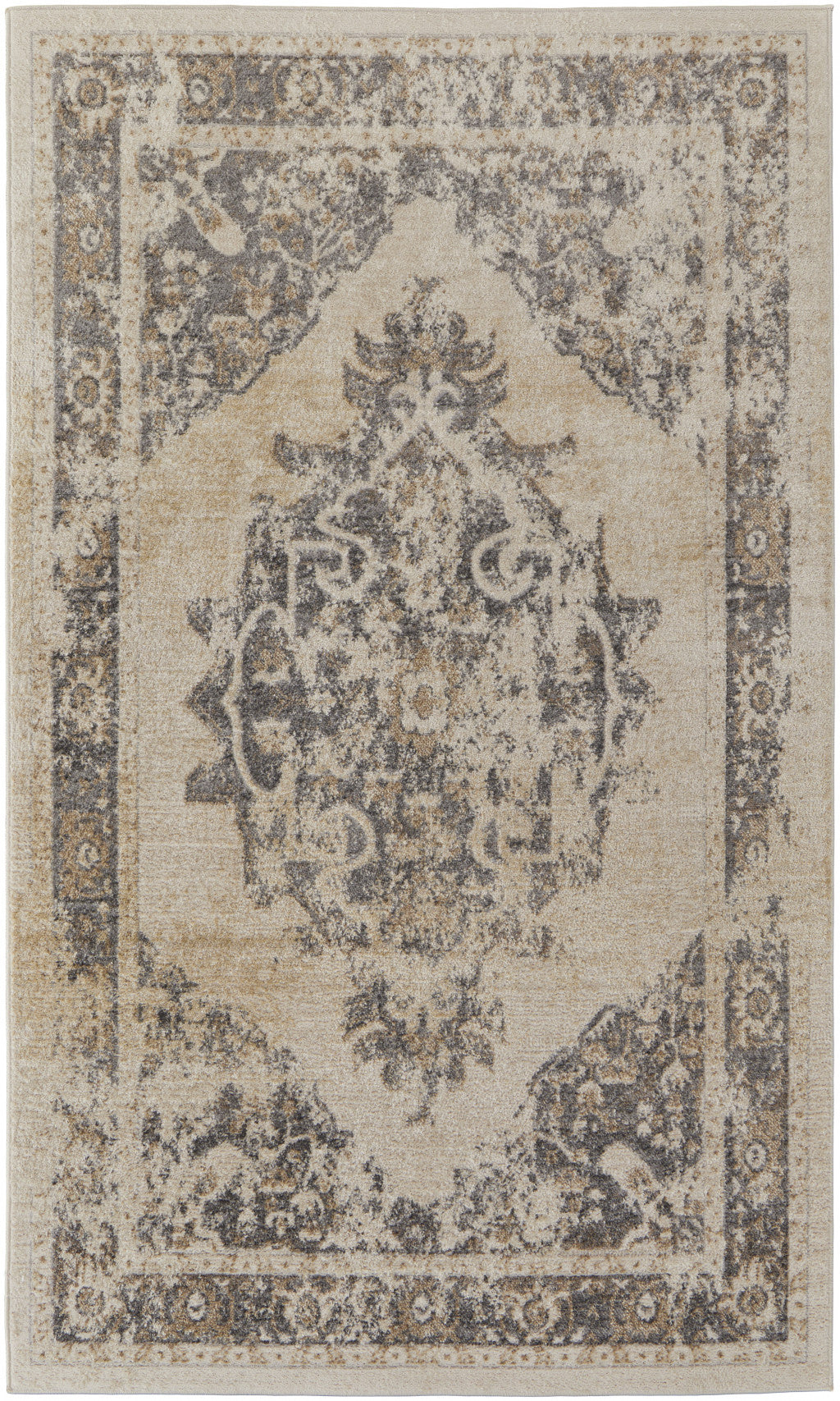4' X 6' Ivory And Blue Floral Power Loom Distressed Area Rug