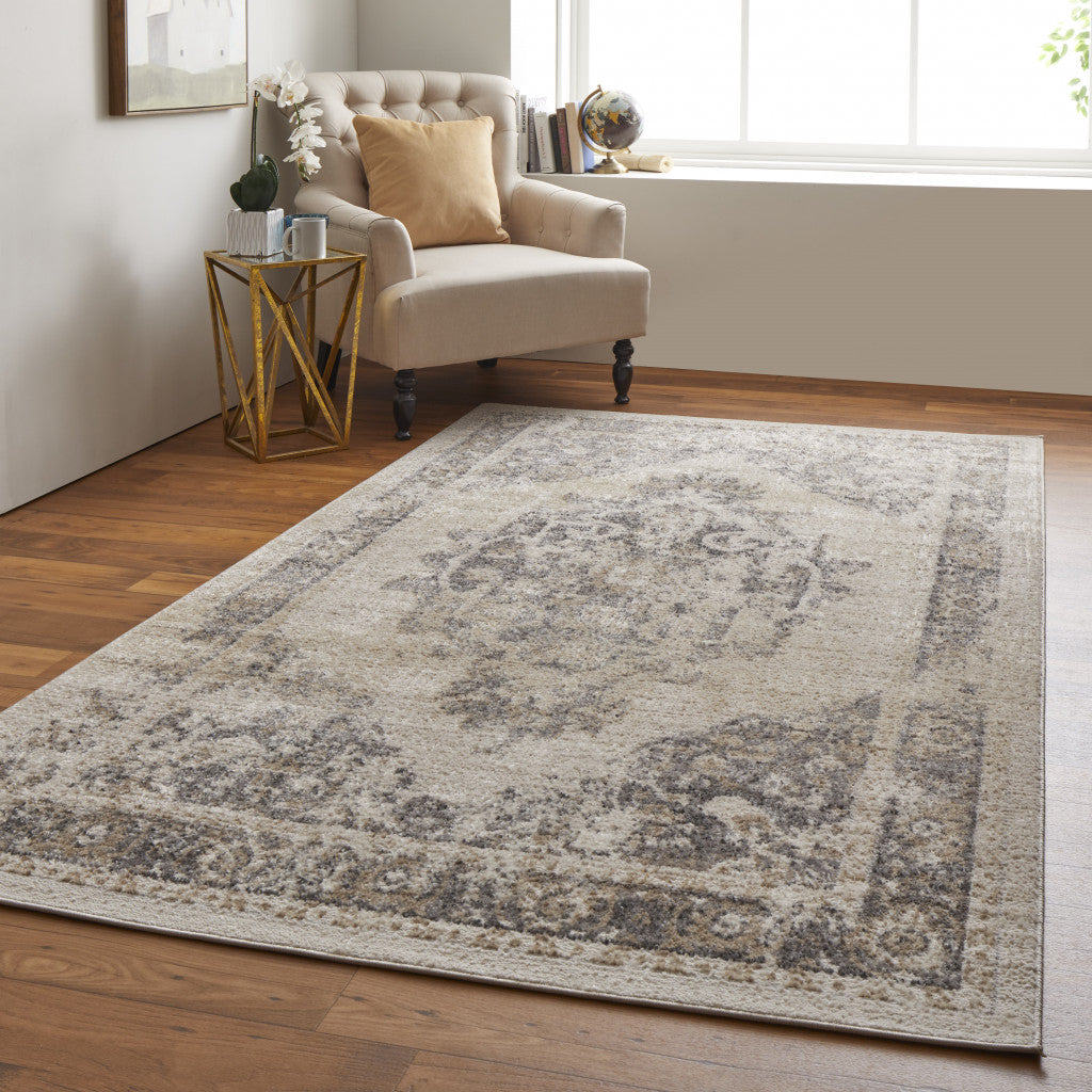4' X 6' Ivory And Blue Floral Power Loom Distressed Area Rug