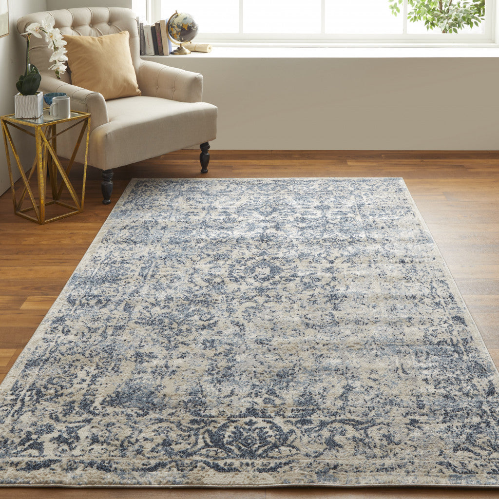 4' X 6' Blue And Ivory Floral Power Loom Distressed Area Rug