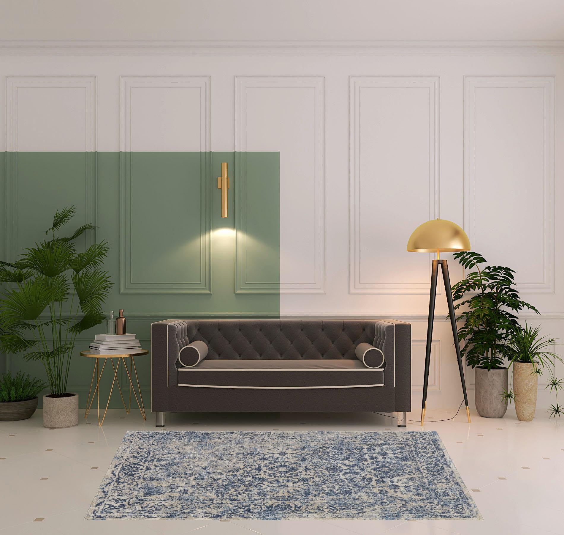 4' X 6' Blue And Ivory Floral Power Loom Distressed Area Rug