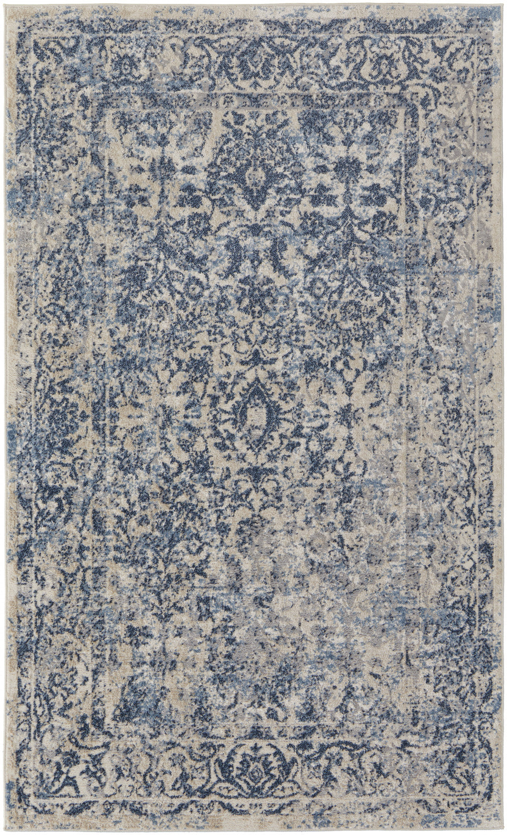4' X 6' Blue And Ivory Floral Power Loom Distressed Area Rug