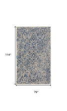 4' X 6' Blue And Ivory Floral Power Loom Distressed Area Rug