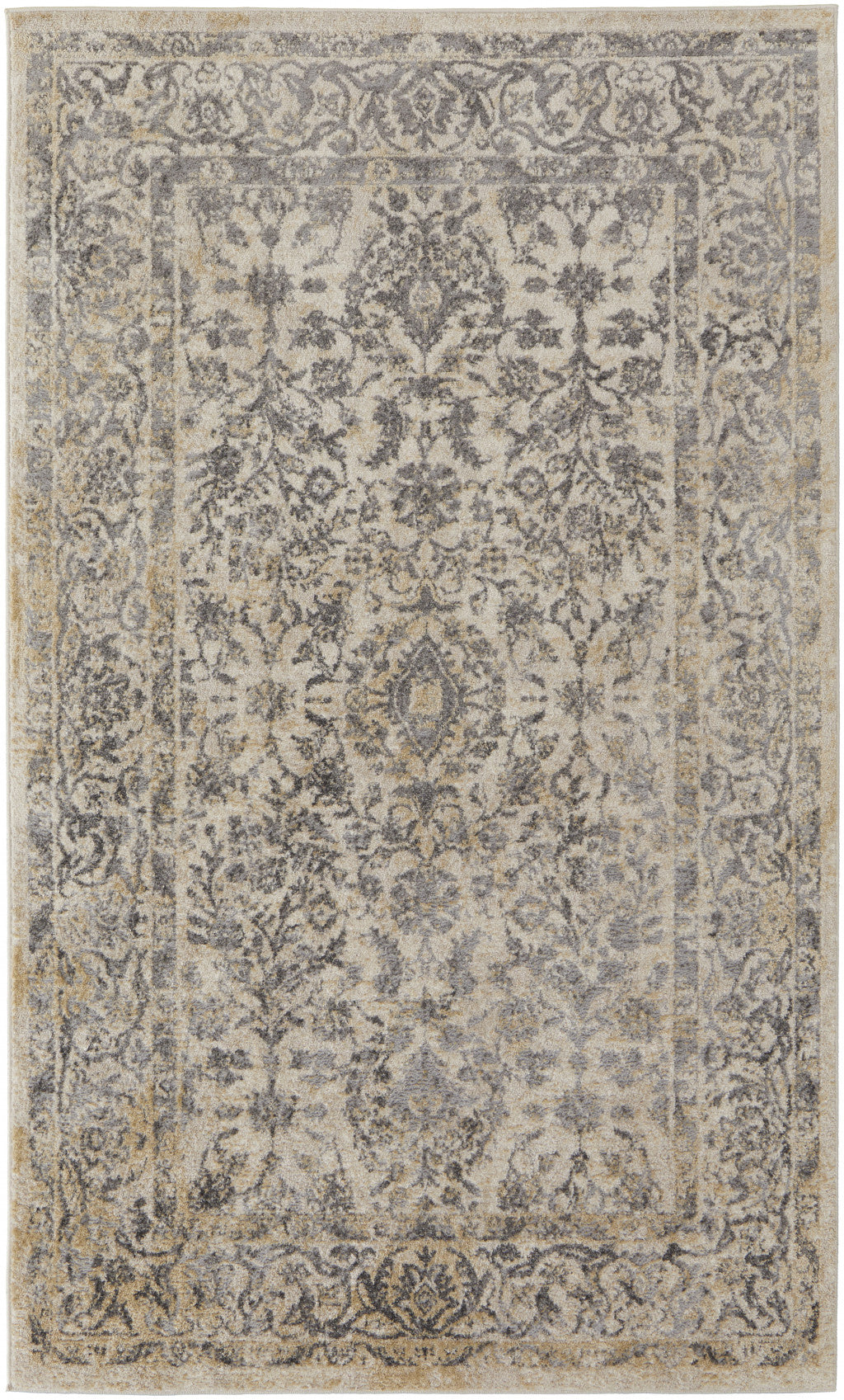 4' X 6' Blue And Ivory Floral Power Loom Distressed Area Rug