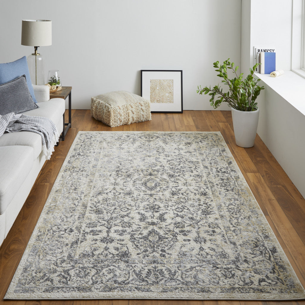 4' X 6' Blue And Ivory Floral Power Loom Distressed Area Rug