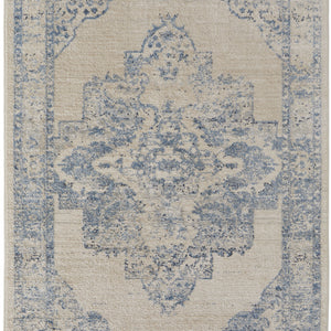 8' X 10' Blue And Ivory Floral Power Loom Distressed Area Rug