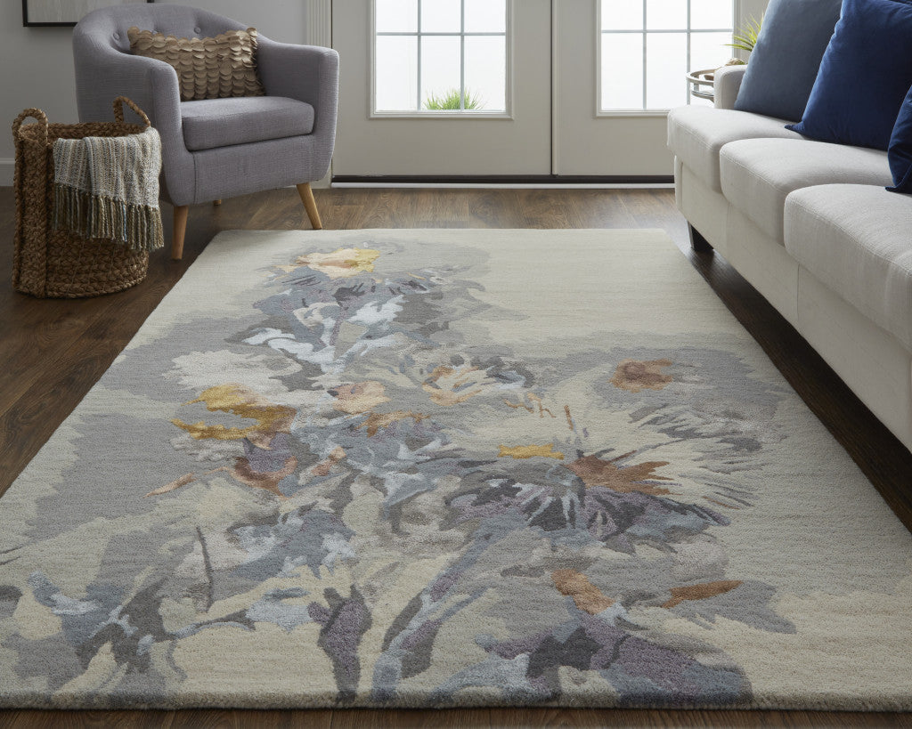 4' X 6' Gray Blue And Orange Wool Floral Tufted Handmade Area Rug