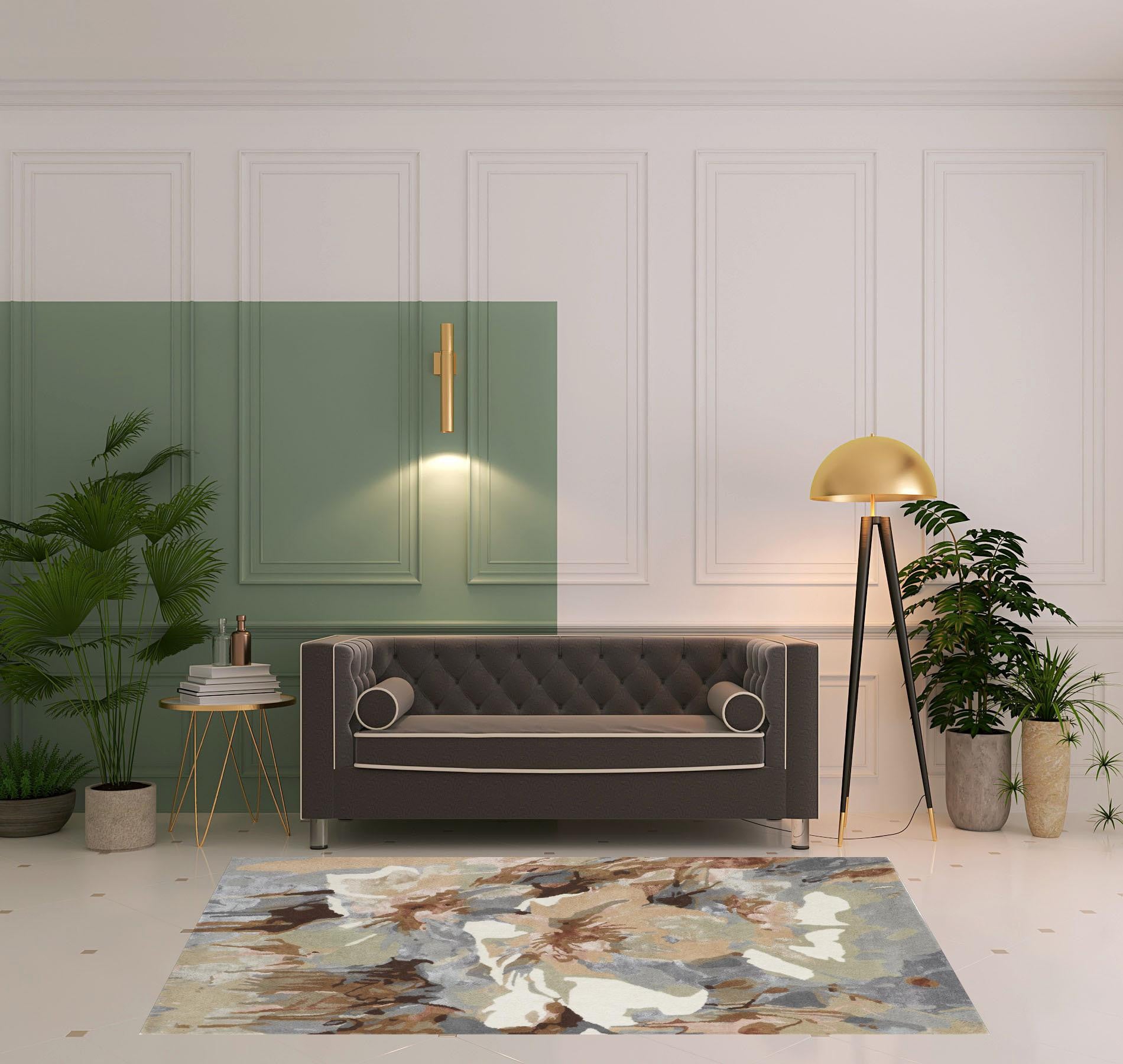 4' X 6' Tan Gray And Green Wool Floral Tufted Handmade Area Rug