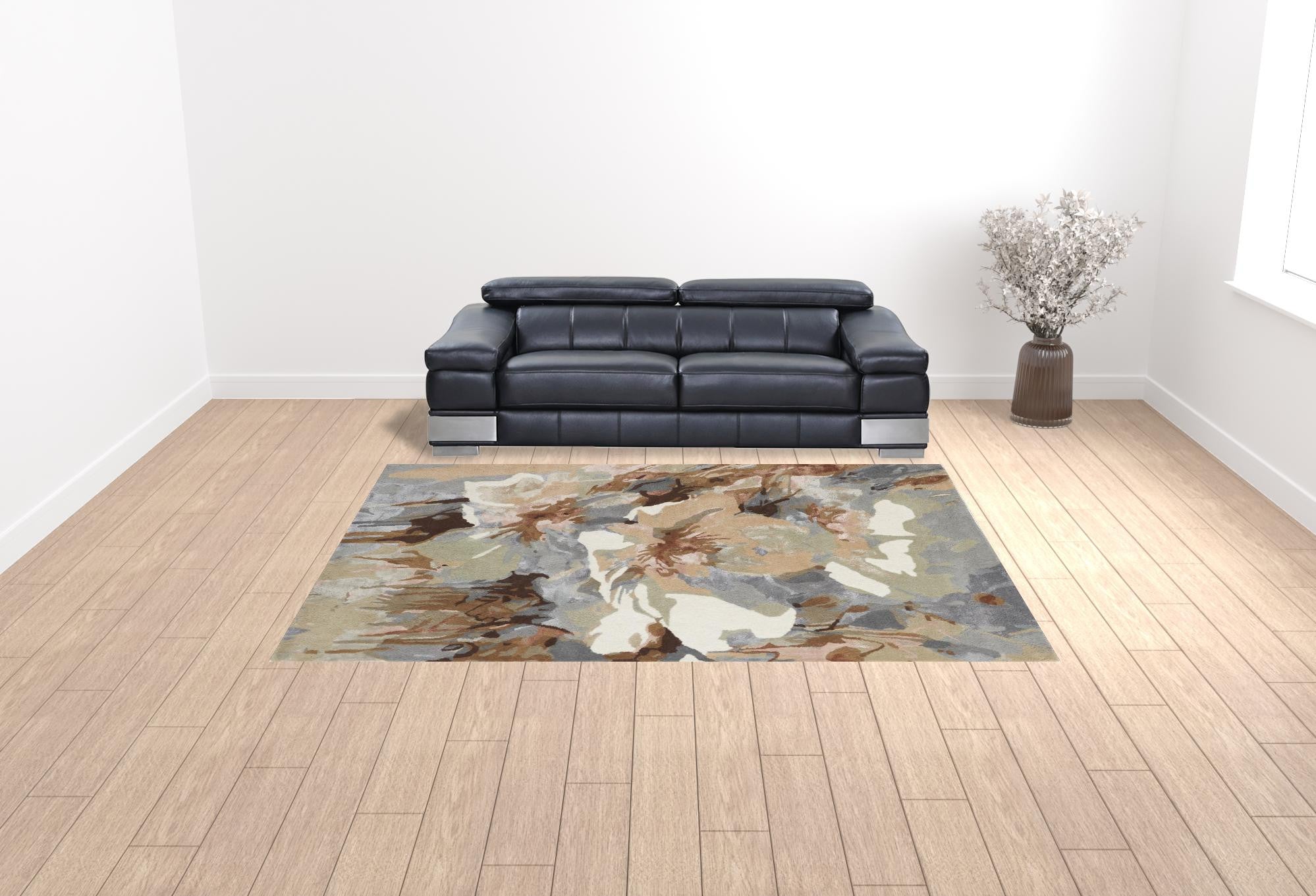 4' X 6' Tan Gray And Green Wool Floral Tufted Handmade Area Rug