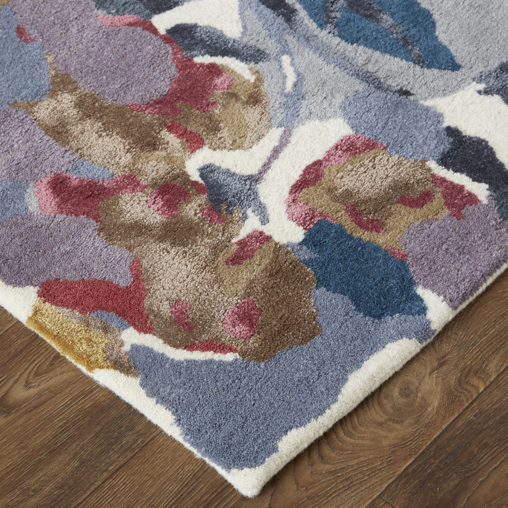 4' X 6' Blue Gray And Pink Wool Floral Tufted Handmade Area Rug