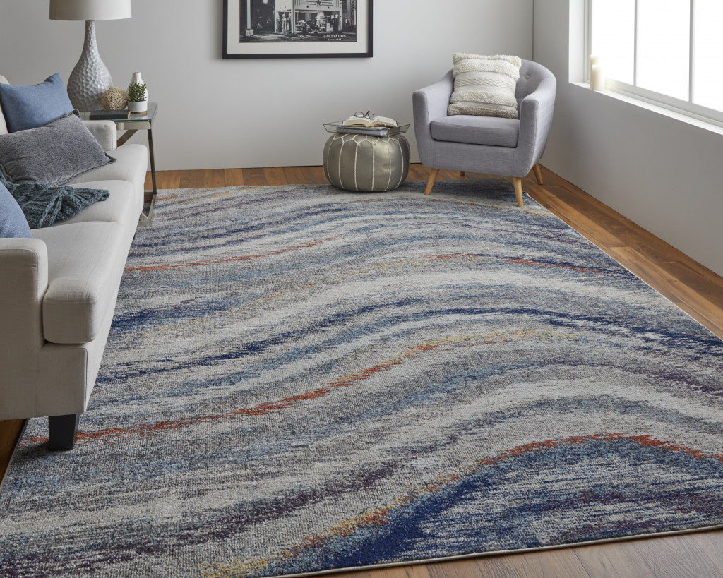 3' X 5' Blue Gray And Orange Abstract Power Loom Stain Resistant Area Rug
