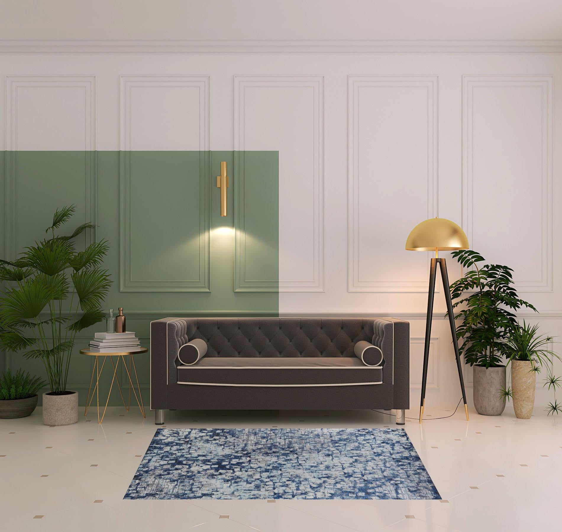 3' X 5' Blue And Ivory Abstract Power Loom Distressed Stain Resistant Area Rug