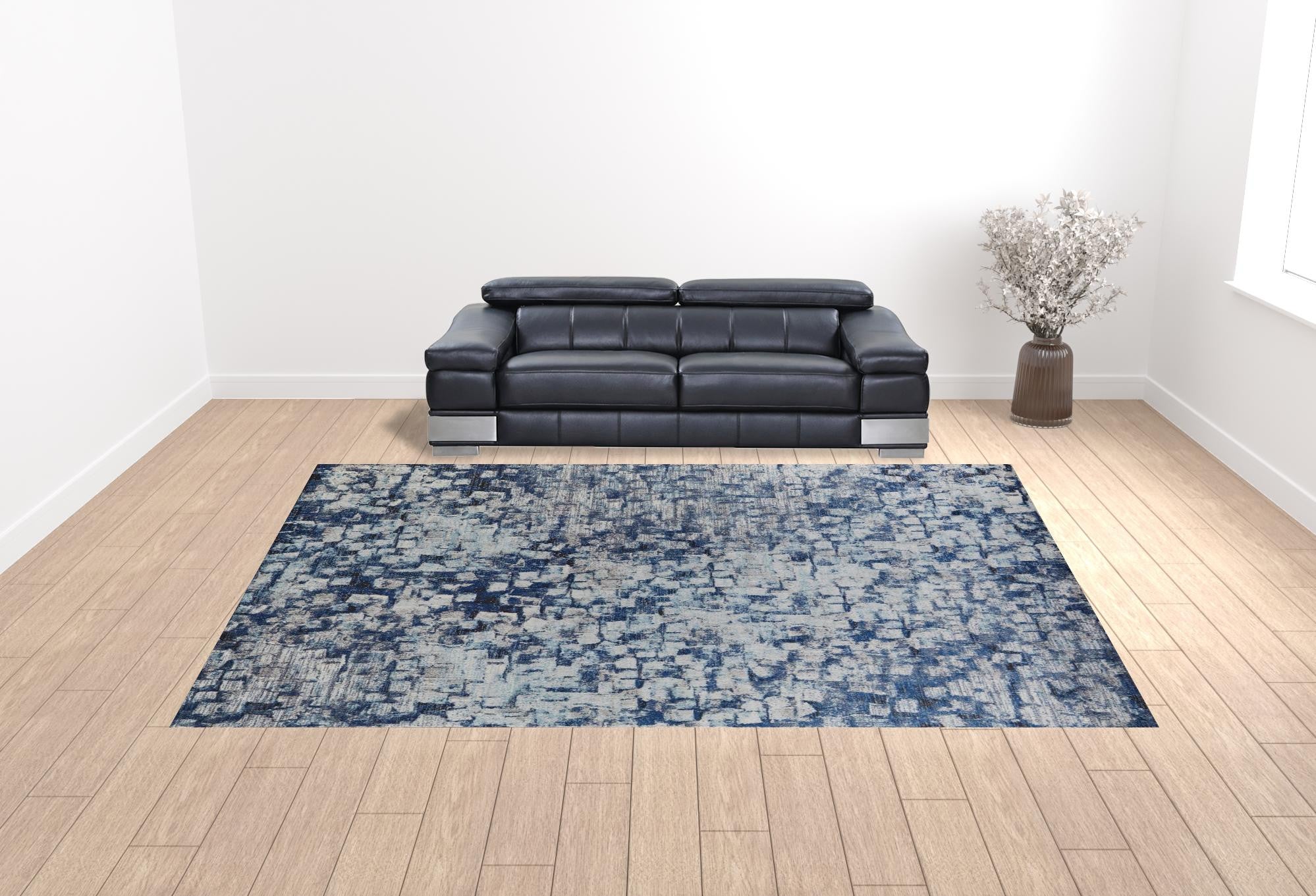 3' X 5' Blue And Ivory Abstract Power Loom Distressed Stain Resistant Area Rug