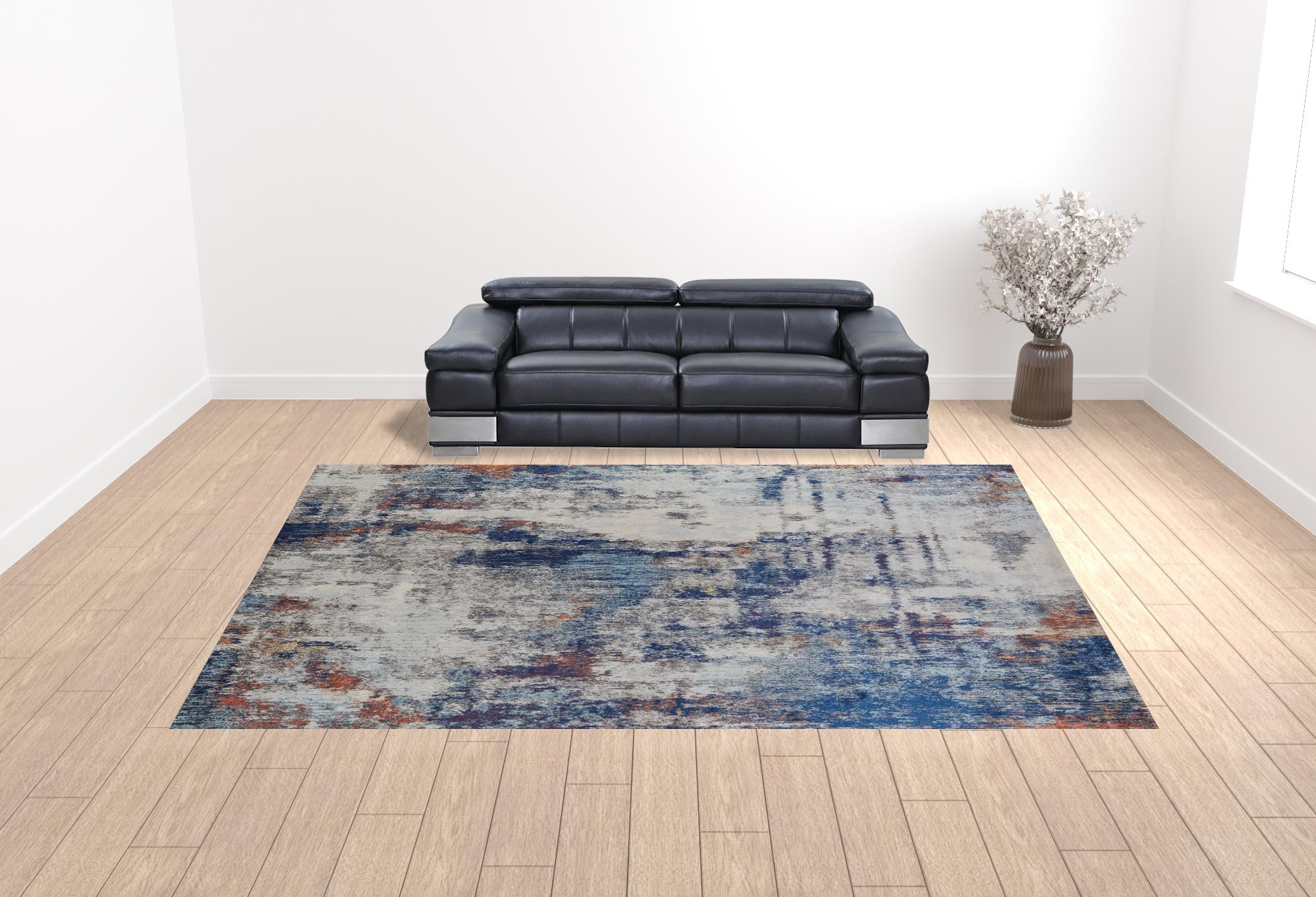 3' X 5' Ivory And Blue Abstract Power Loom Distressed Stain Resistant Area Rug