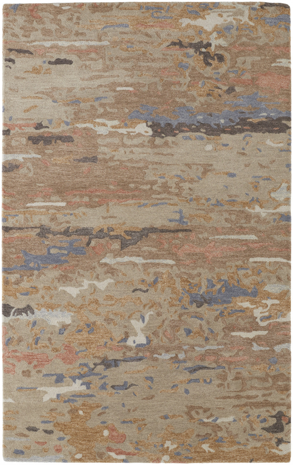Tan And Blue Wool Abstract Tufted Handmade Stain Resistant Area Rug - 4' x 6'