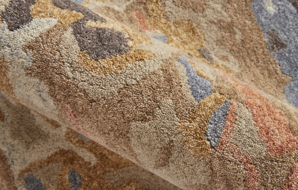 Tan And Blue Wool Abstract Tufted Handmade Stain Resistant Area Rug - 4' x 6'