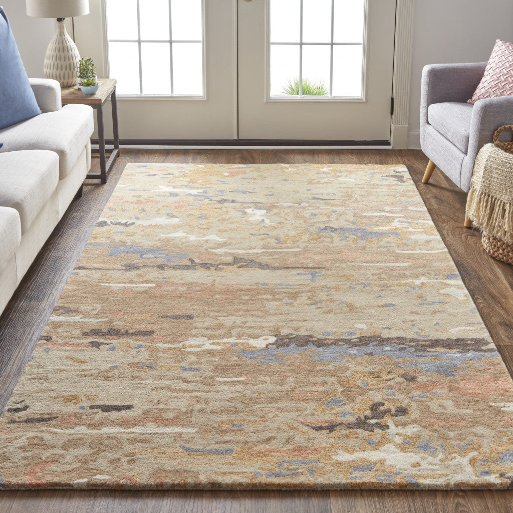 Tan And Blue Wool Abstract Tufted Handmade Stain Resistant Area Rug - 4' x 6'