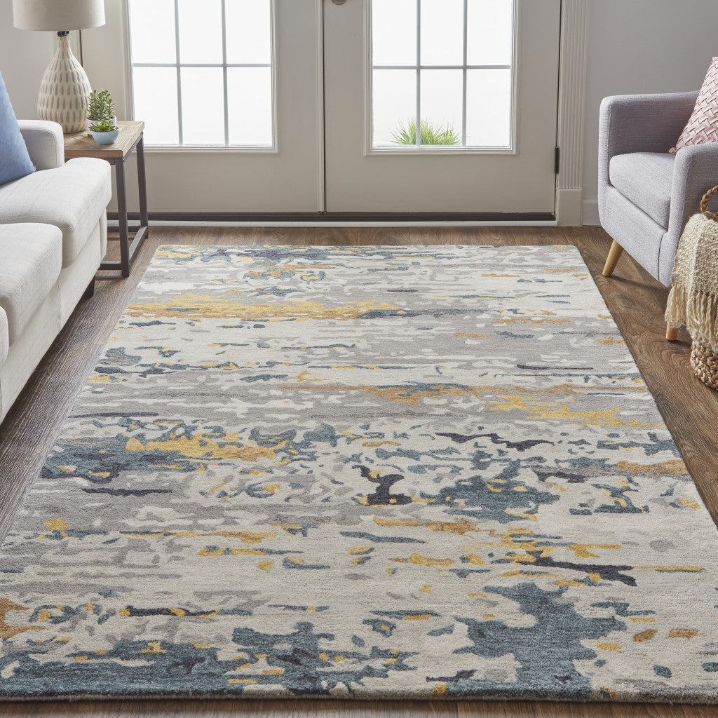 Tan And Blue Wool Abstract Tufted Handmade Stain Resistant Area Rug - 4' x 6'