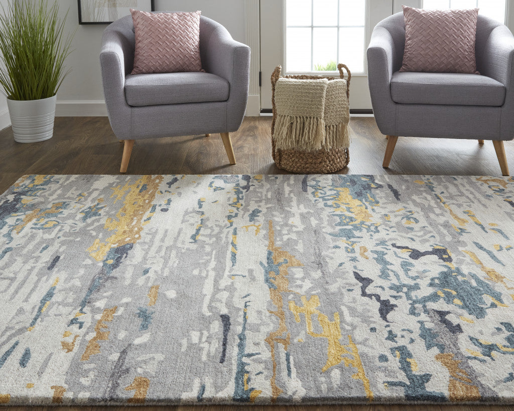 Tan And Blue Wool Abstract Tufted Handmade Stain Resistant Area Rug - 4' x 6'