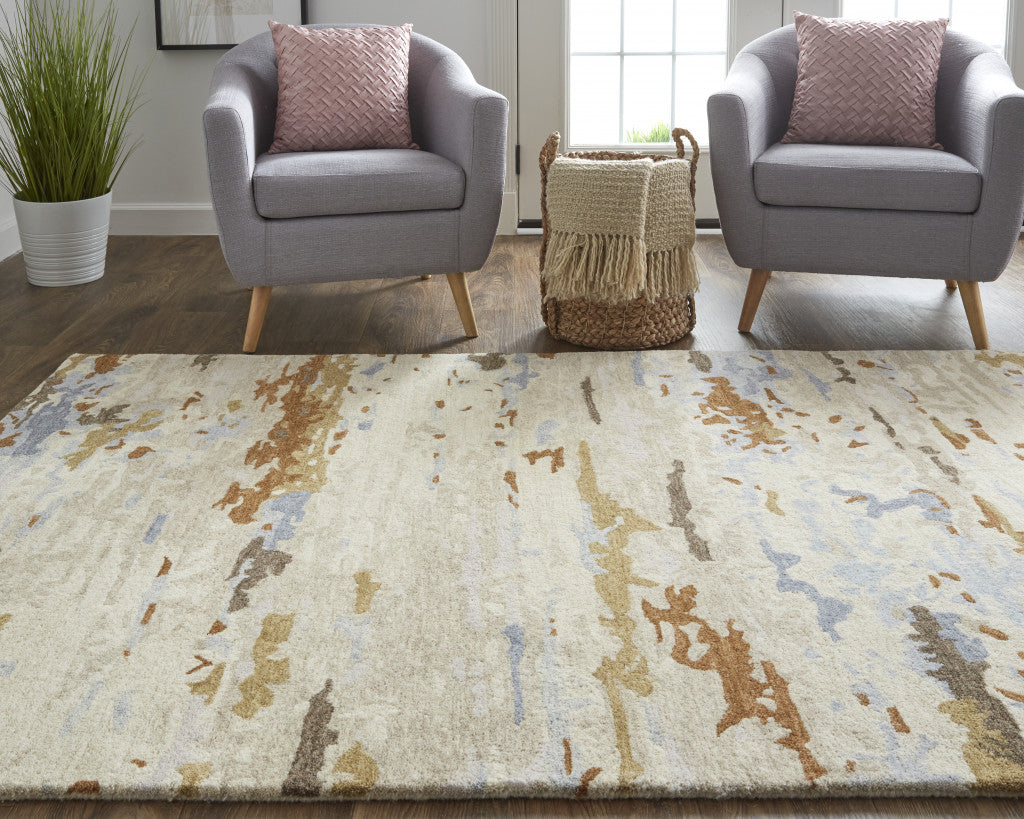 4' X 6' Tan And Blue Wool Abstract Tufted Handmade Stain Resistant Area Rug