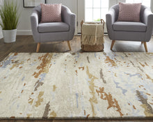 Tan And Blue Wool Abstract Tufted Handmade Stain Resistant Area Rug - 4' x 6'