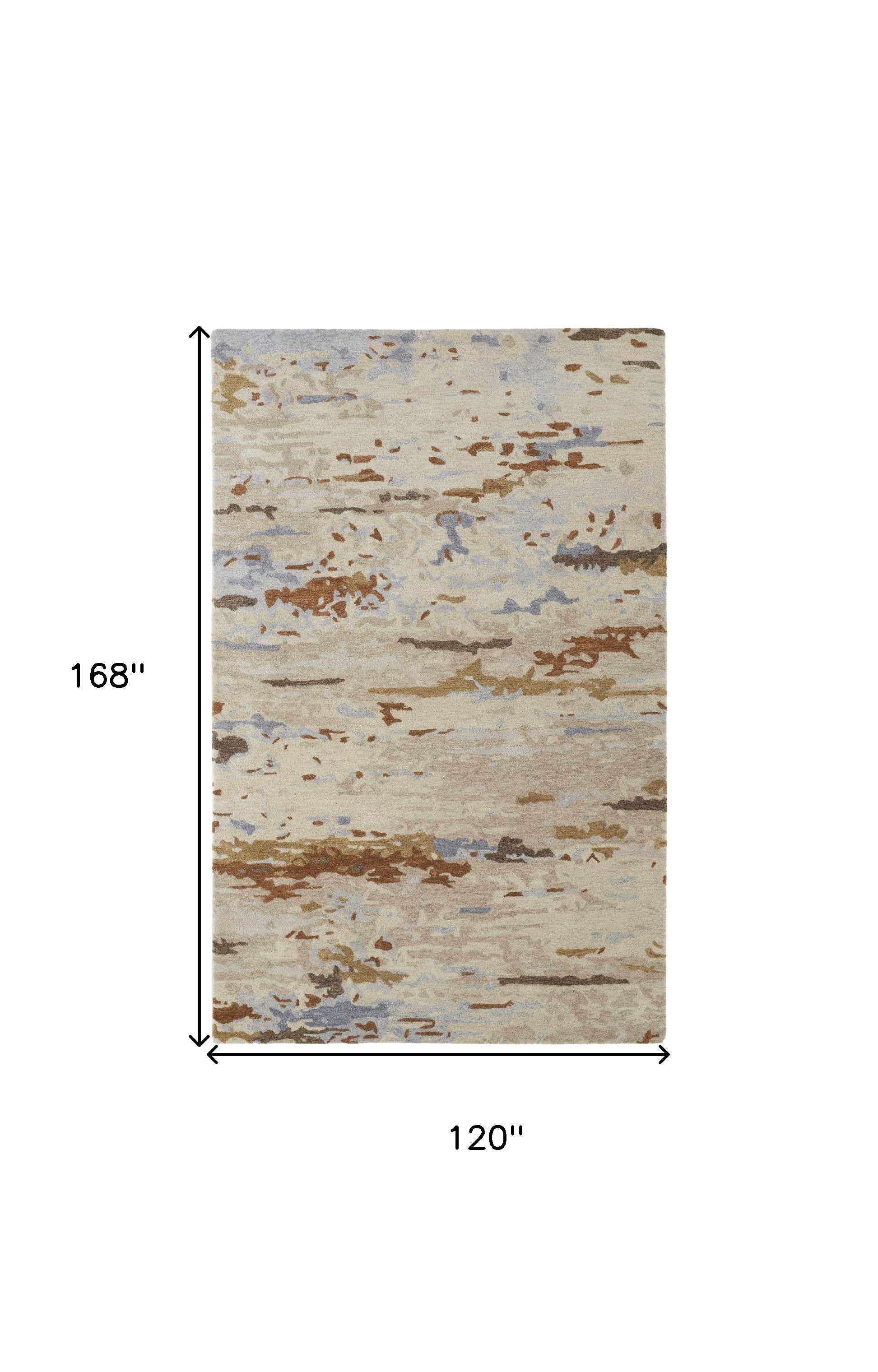 Tan And Blue Wool Abstract Tufted Handmade Stain Resistant Area Rug - 4' x 6'