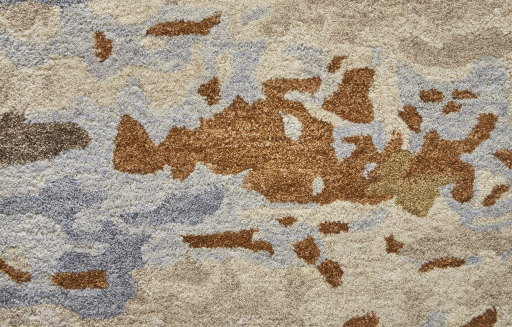 Tan And Blue Wool Abstract Tufted Handmade Stain Resistant Area Rug - 4' x 6'