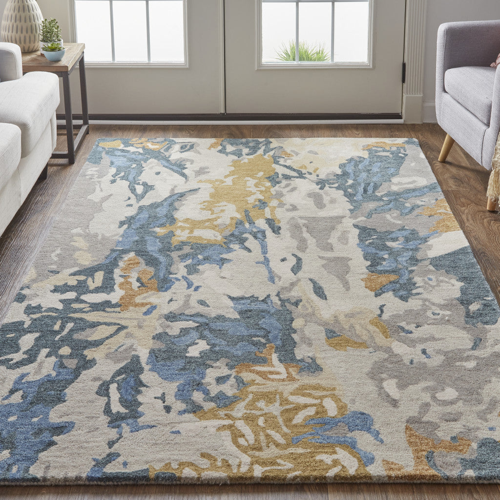 4' X 6' Gray Blue And Gold Wool Abstract Tufted Handmade Stain Resistant Area Rug