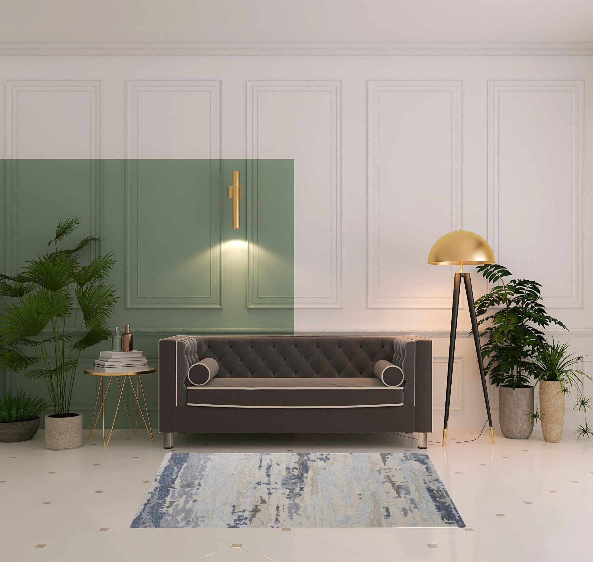 Blue Gray And Ivory Wool Abstract Tufted Handmade Stain Resistant Area Rug - 4' x 6'