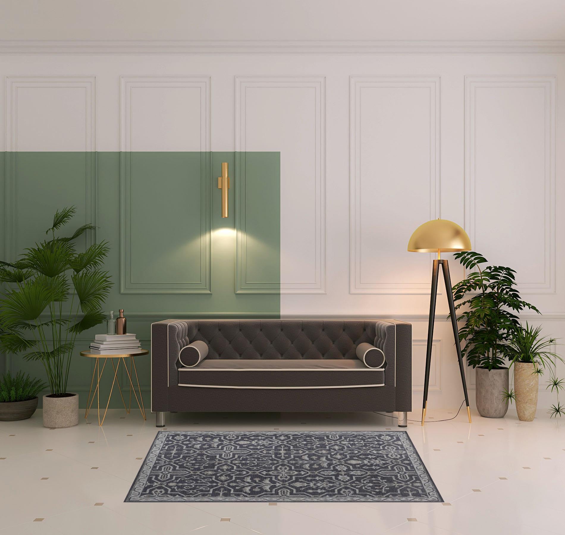 4' X 6' Blue And Gray Wool Floral Tufted Handmade Stain Resistant Area Rug