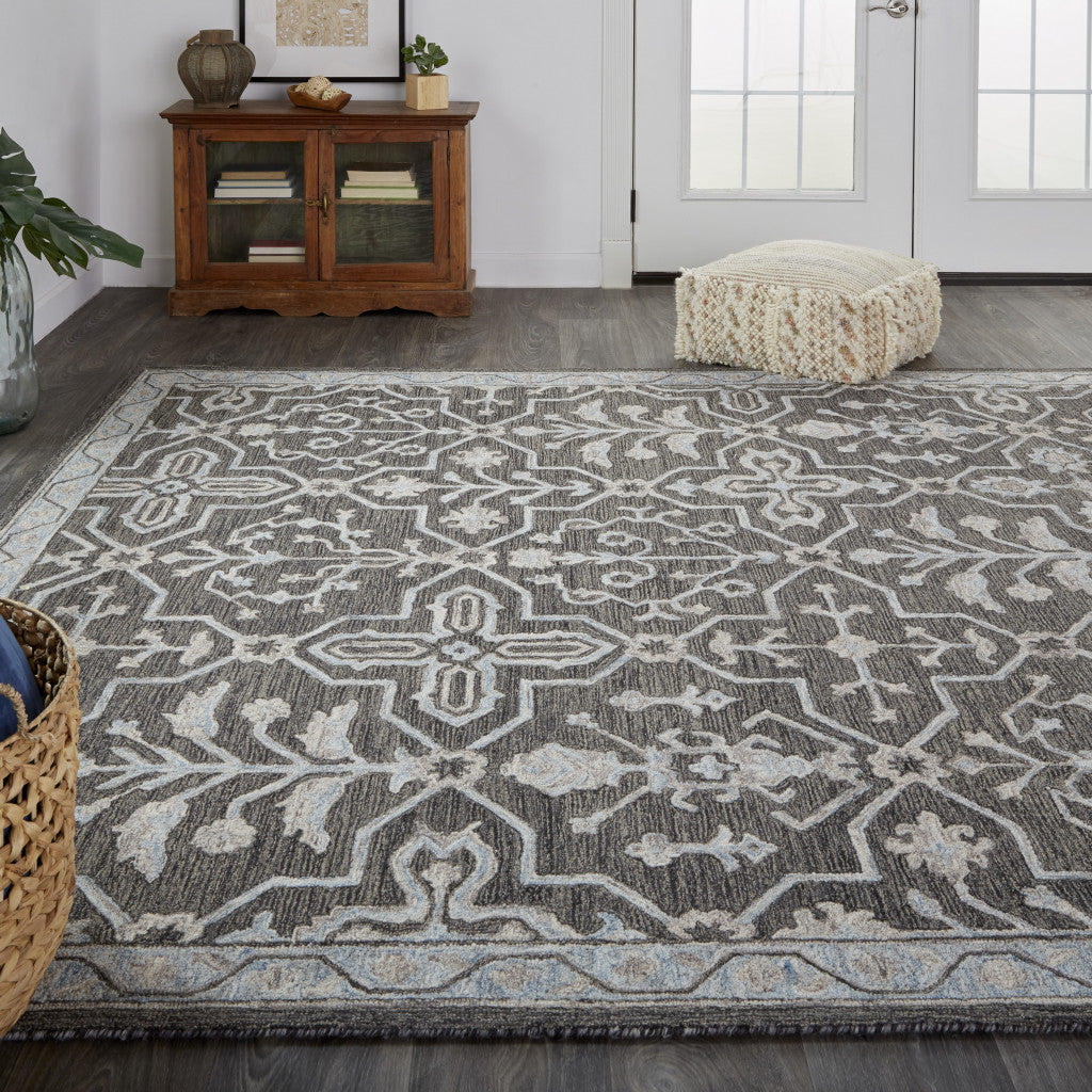 4' X 6' Blue And Gray Wool Floral Tufted Handmade Stain Resistant Area Rug