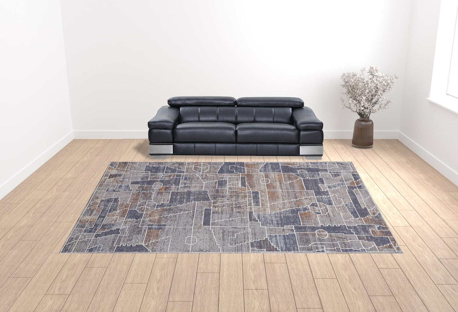 4' X 6' Blue Gray And Orange Geometric Power Loom Stain Resistant Area Rug