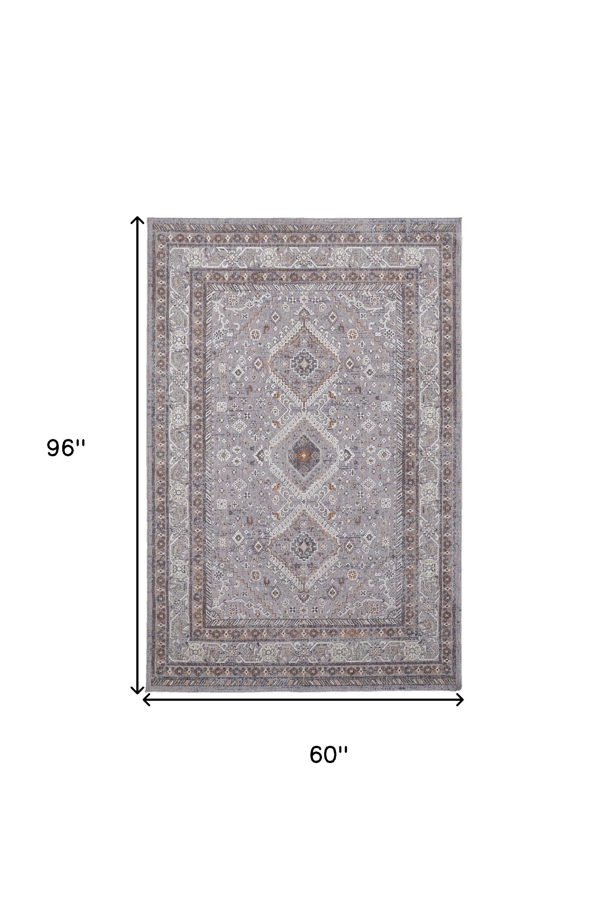 4' X 6' Gray Orange And Ivory Floral Power Loom Stain Resistant Area Rug