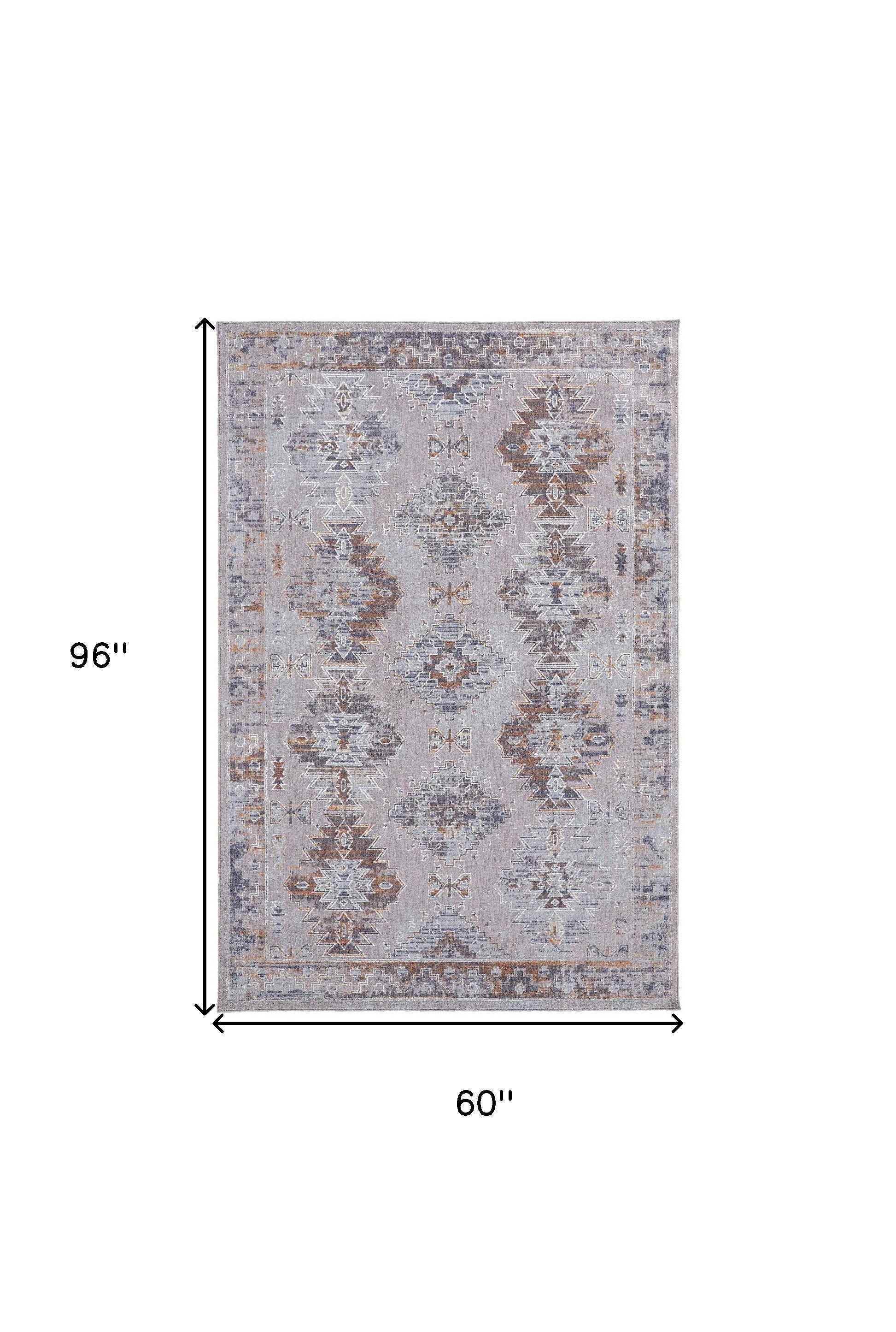 4' X 6' Gray Orange And Blue Geometric Power Loom Distressed Stain Resistant Area Rug