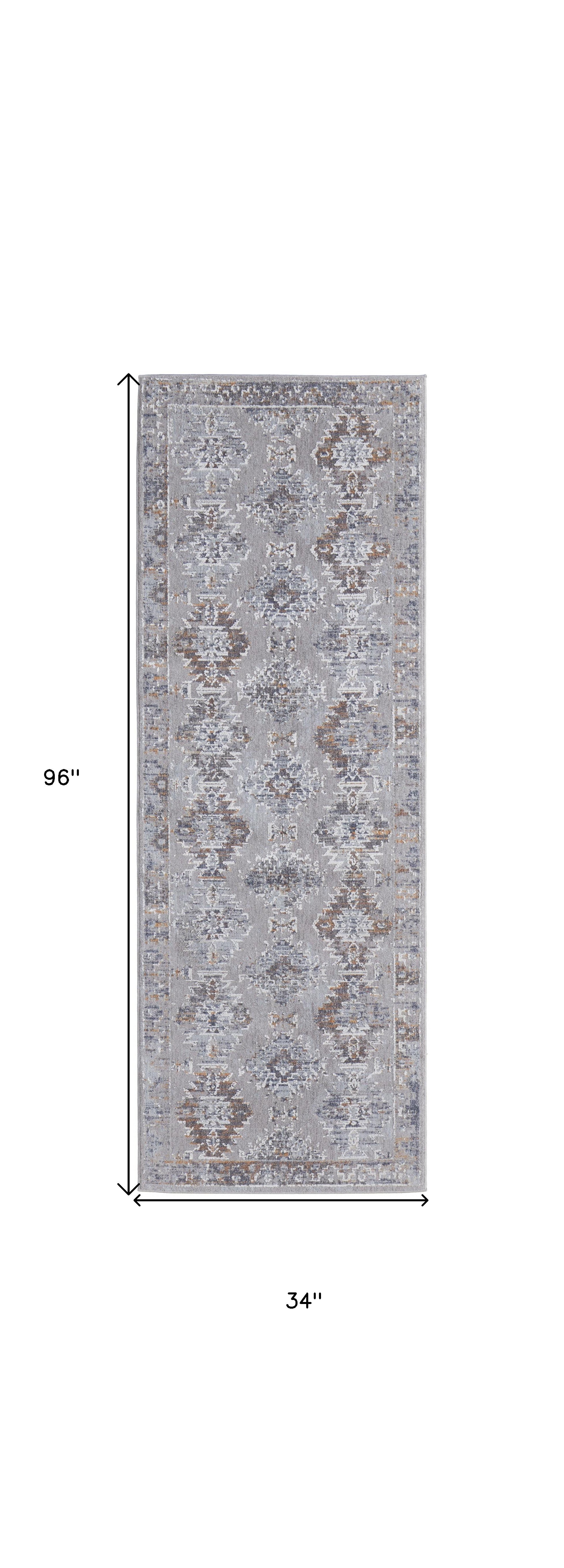 4' X 6' Gray Orange And Blue Geometric Power Loom Distressed Stain Resistant Area Rug