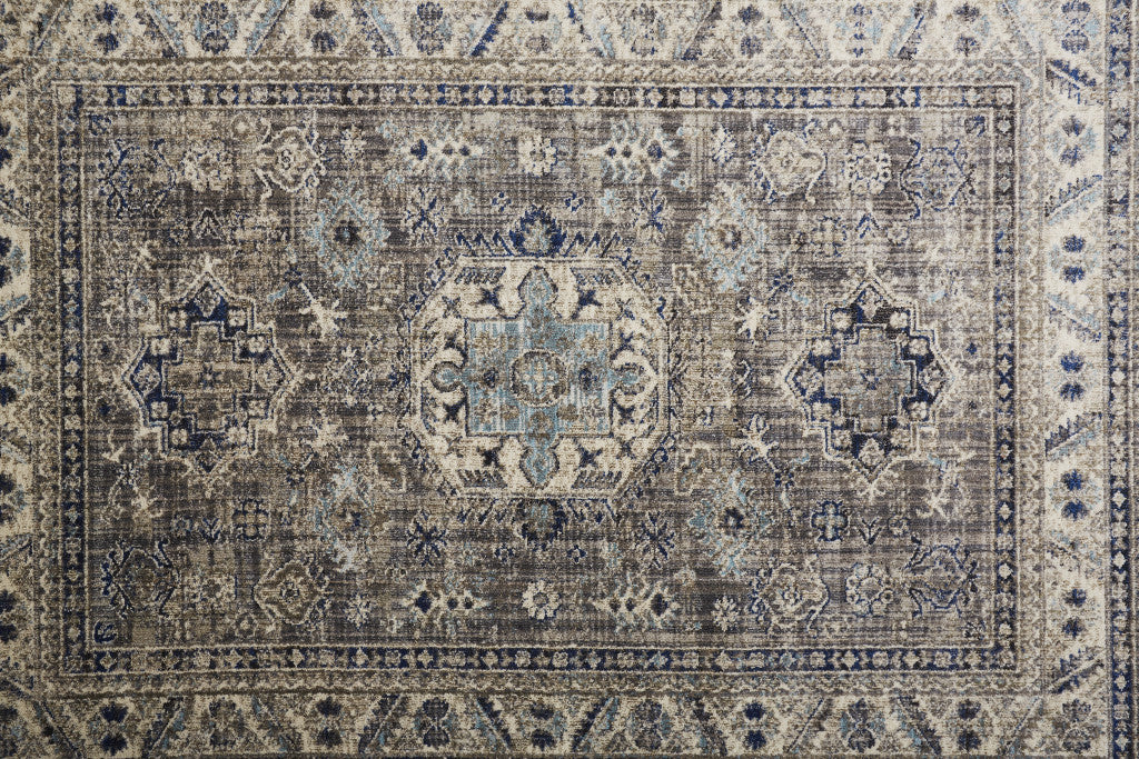 Taupe Gray And Blue Floral Stain Resistant Area Rug - 5' x 8'