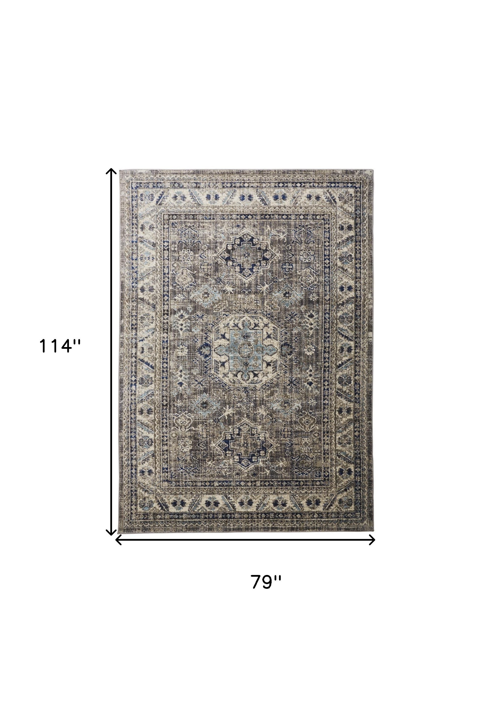 Taupe Gray And Blue Floral Stain Resistant Area Rug - 5' x 8'