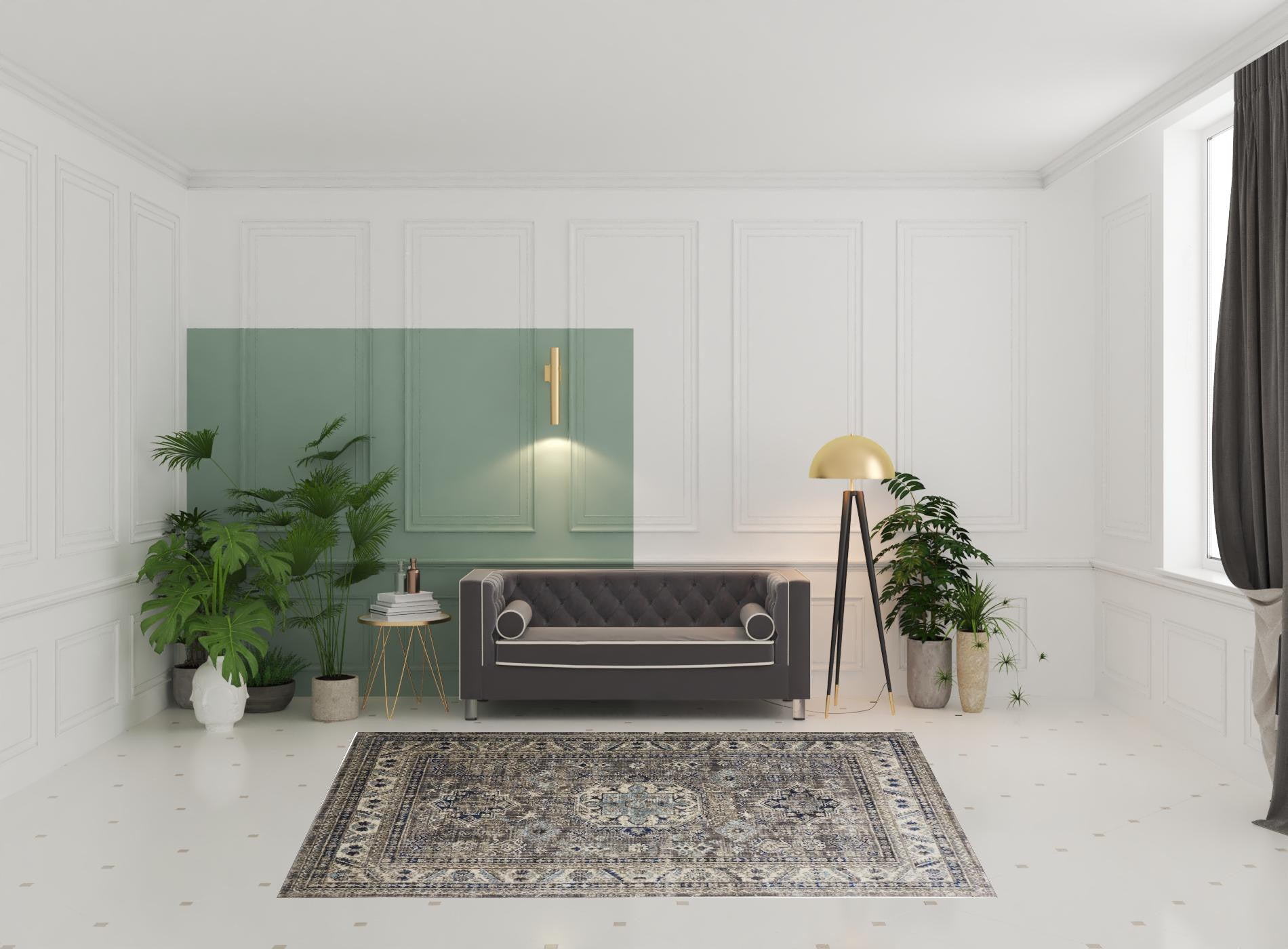 Taupe Gray And Blue Floral Stain Resistant Area Rug - 5' x 8'