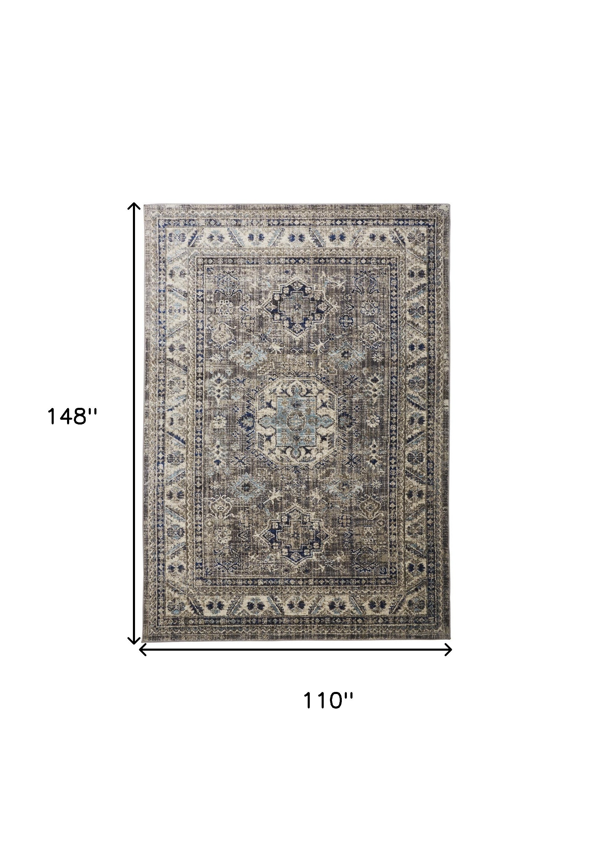 Taupe Gray And Blue Floral Stain Resistant Area Rug - 5' x 8'