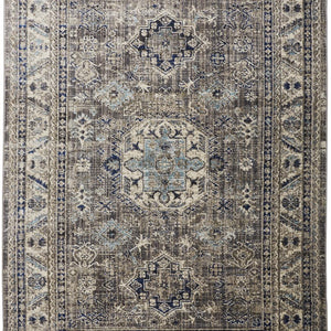 Taupe Gray And Blue Floral Stain Resistant Area Rug - 5' x 8'