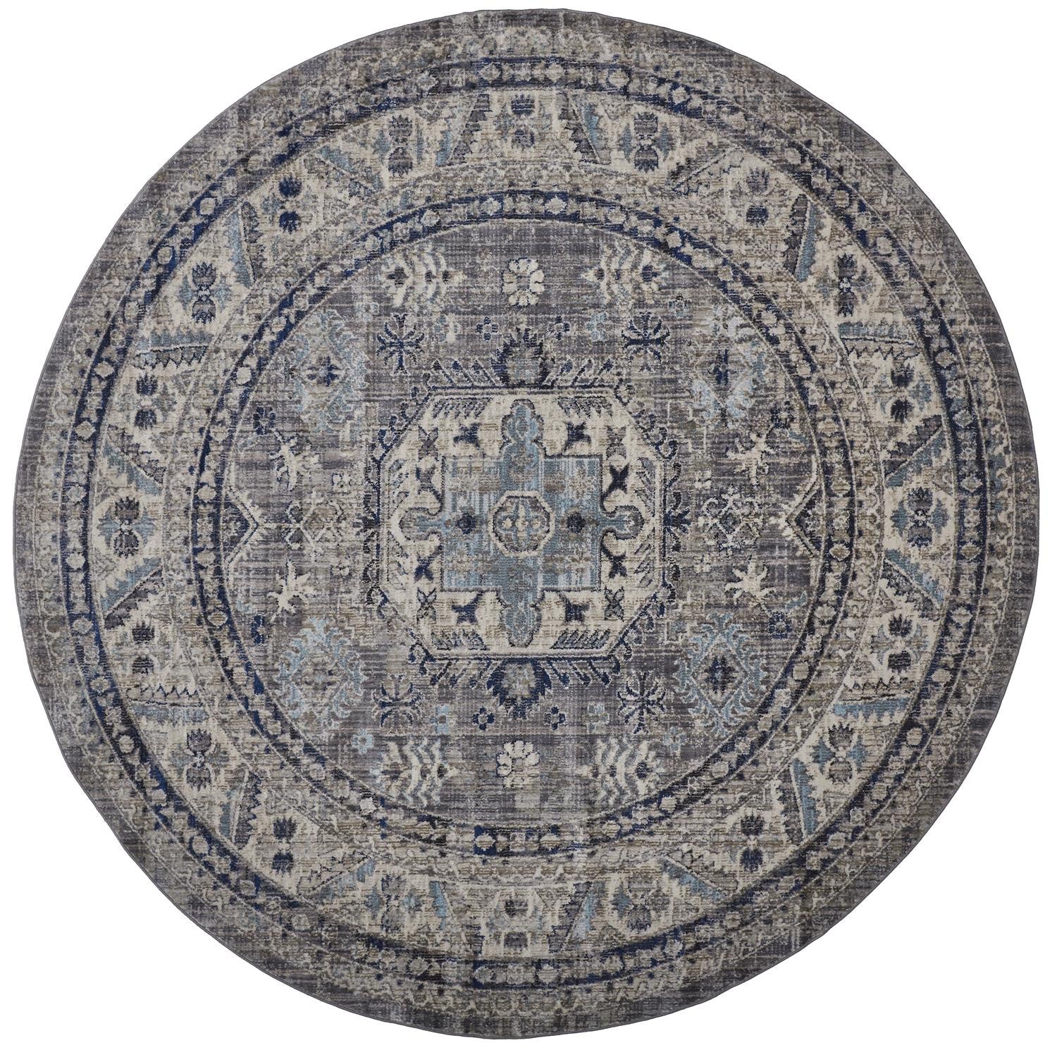 Taupe Gray And Blue Floral Stain Resistant Area Rug - 5' x 8'